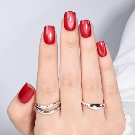 Leefrei Red Cat Eye Press On Nails - Short Square Press on Nails Crimson Nails Press Ons for Women Glossy Fake Nails Kit with Glue, DIY Glue on Nails Short in 15 Sizes - 30pcs, Velvet Red