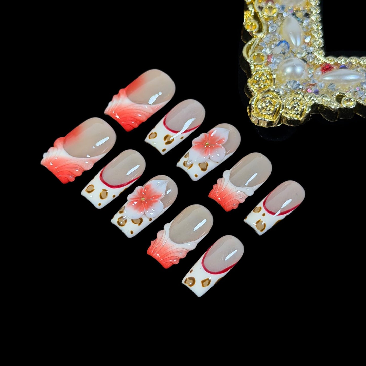 3D Handcrafted Press On Nails Medium/Short Square Length, Red French Tip Fake Nails with Leopard Print & Flower Design, Reusable Acrylic False Nails Crimbon Bloom (L)