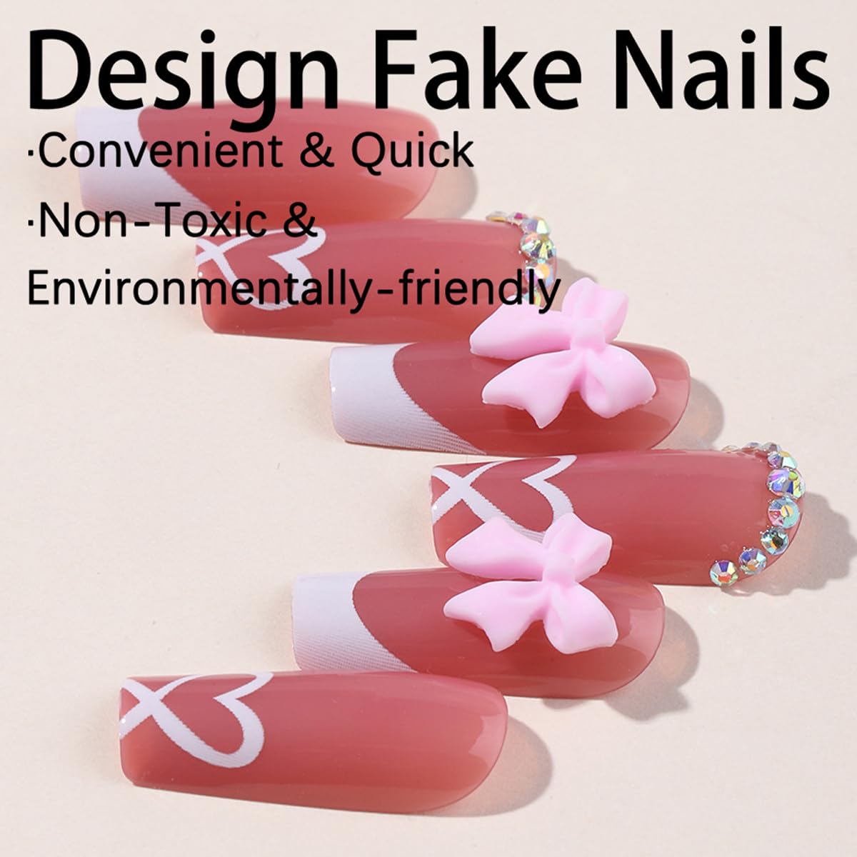 YKZFUI French Tip Press on Nails with Charms, Medium, Cute Bow, Long Square Shape, Acrylic Fake Stick On Nails with Heart and Rhinestones for Women Daily Wear, White