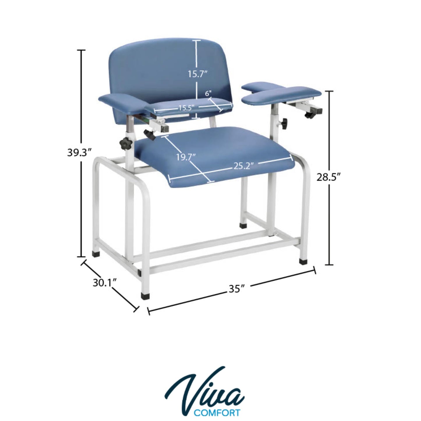 VivaComfort Blue Bariatric Wide Padded Blood Drawing Chair, Phlebotomy Chair with Adjustable Armrest, 35" H x 18" L x 29"W, Blood Draw Chair, Medical Chair, Great for Mommy and Me