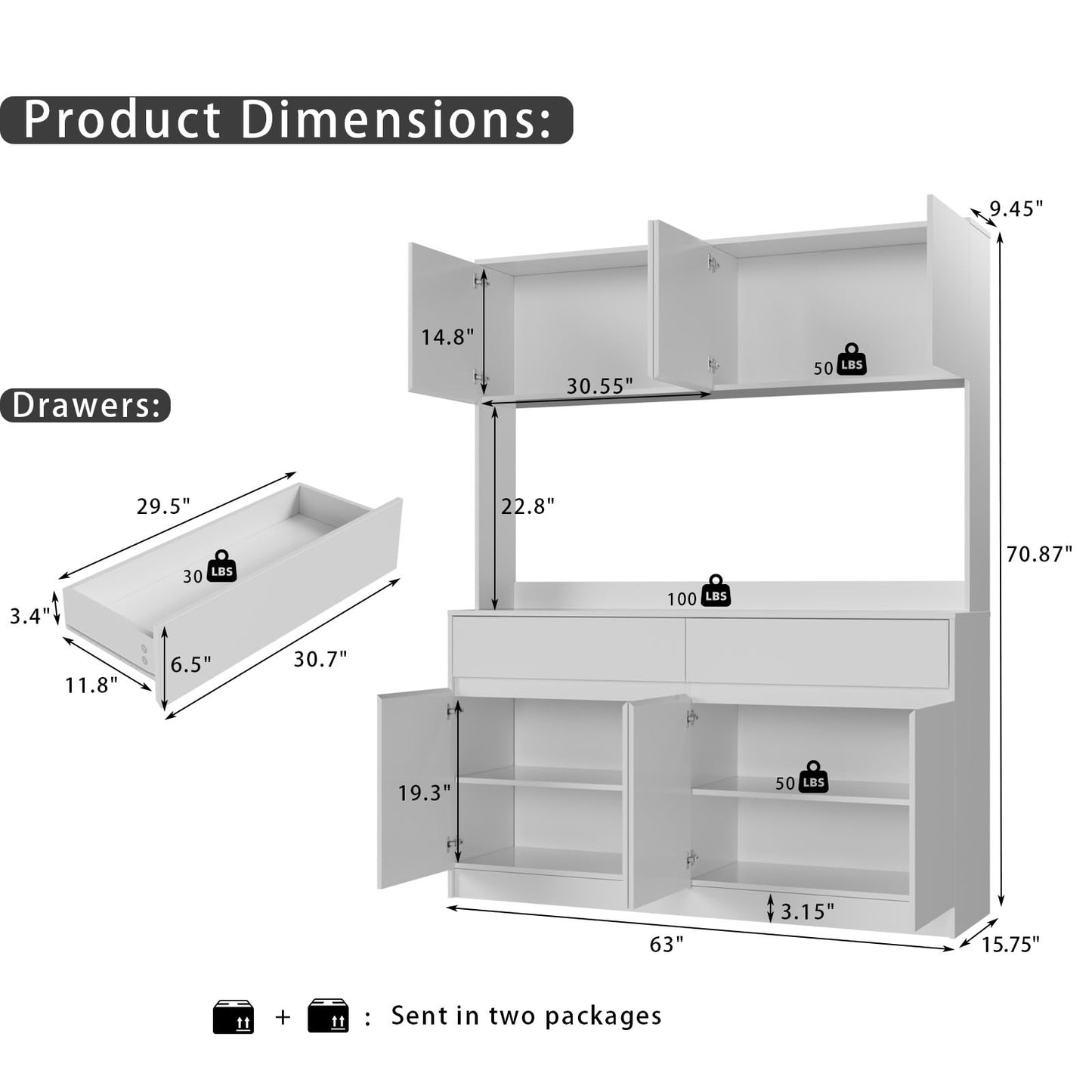 Mekminop Kitchen Hutch Storage Cabinet, 63" W Large Pantry Cabinets with Microwave Oven Countertop, Freestanding Kitchen Pantry Storage Cabinet with 4 Doors, 2 Drawers and 7 Shelves, White