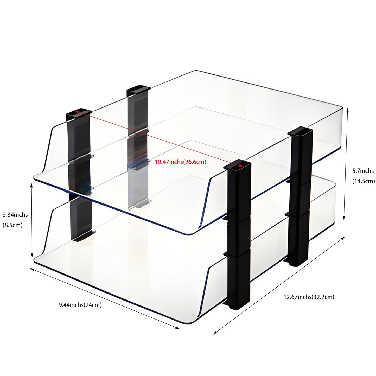 RHONZHAO Clear 2-Tier Stackable Paper Tray Organizer for Letter/A4 Files, Desktop Document Sorter, Transparent Office Desk Storage (2 - Tier Clear)