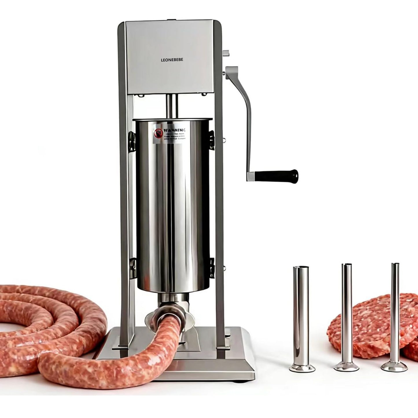 LEONEBEBE Manual Sausage Stuffer Filler, Commercial Vertical Sausage Maker Machine, 7Lbs/3L Capacity, 2 Speeds, Adjustable, 4 Stainless Steel Filling Tubes, Silver