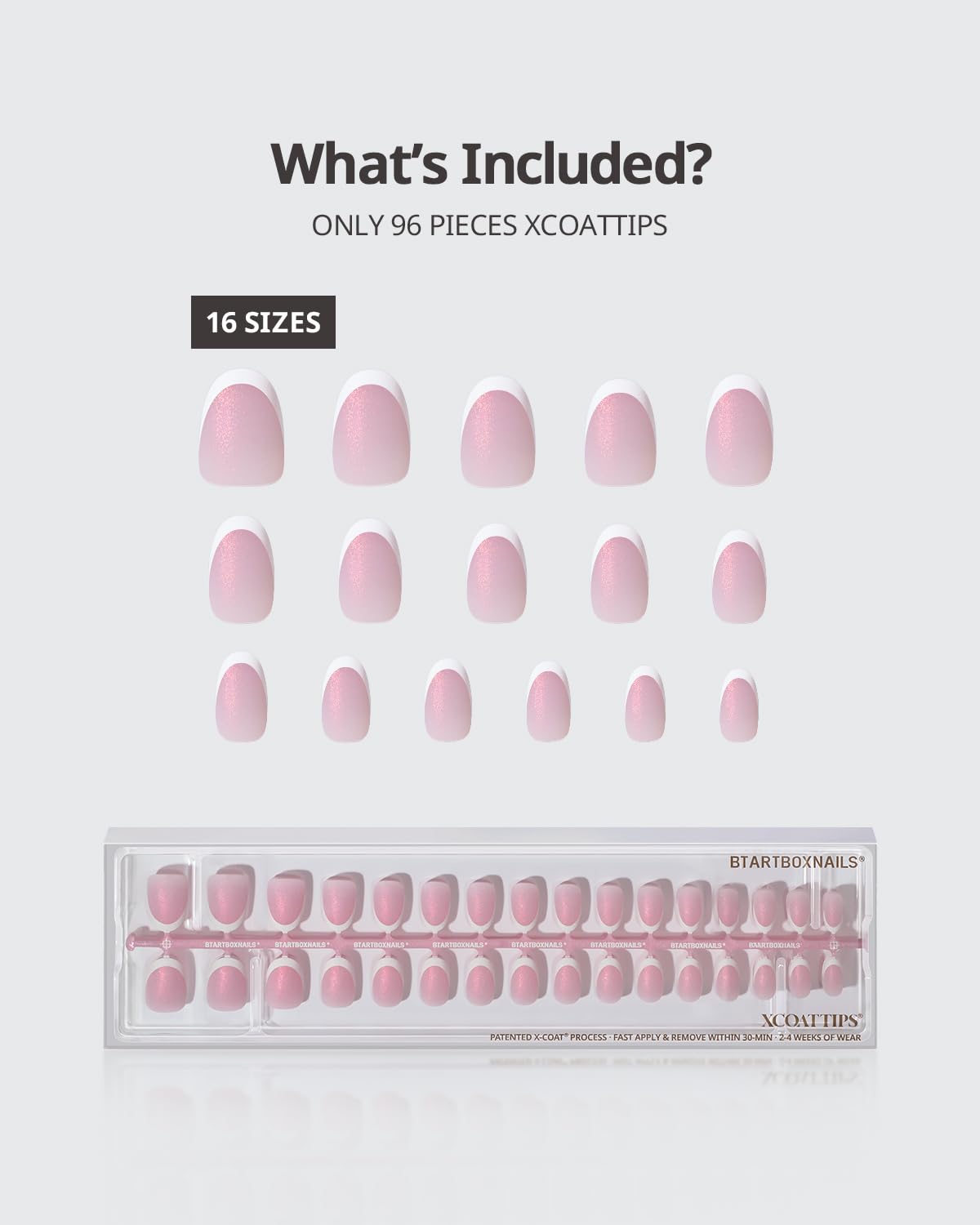 BTArtboxnails XCOATTIPS French Tip Press On Nails - Pink Glitter Base Short Oval Press On Nails, 96 Pcs Salon Quality Soak Off Soft Gel Nail Tips Extension in 16 Sizes