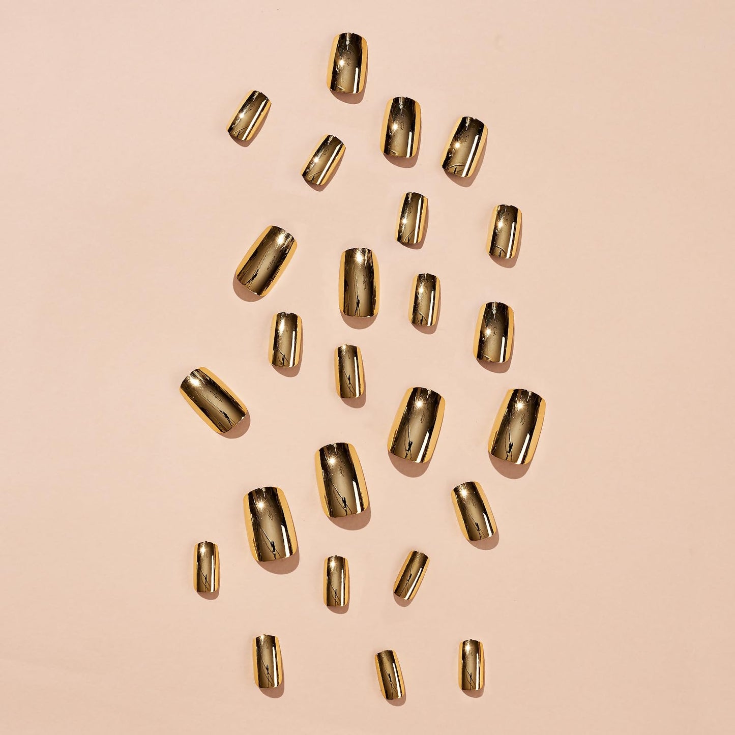 Gold Press on Nails Short - Square Fake Nails with Solid Color Design - Chrome Full Cover Stick on False Nails - for Women 24 Pcs