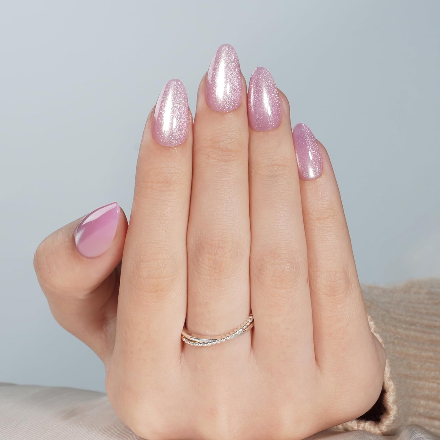 Pink Cat Eye Press On Nails Almond - Short Almond Fake Nails with Nail Glue, Pink Cateye Press On Nails Reusable Stick On Nails in 16 Sizes 32 Nail Kit for Women & Girls | Salon Quality