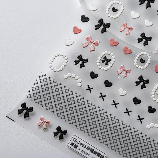 5D Embossed Black Bows Nail Stickers Pink White Heart Nail Art Stickers Ribbon Nail Decals Self-Adhesive Spring Nail Sticker Valentines Nails Supplies for Women Girls DIY Manicure