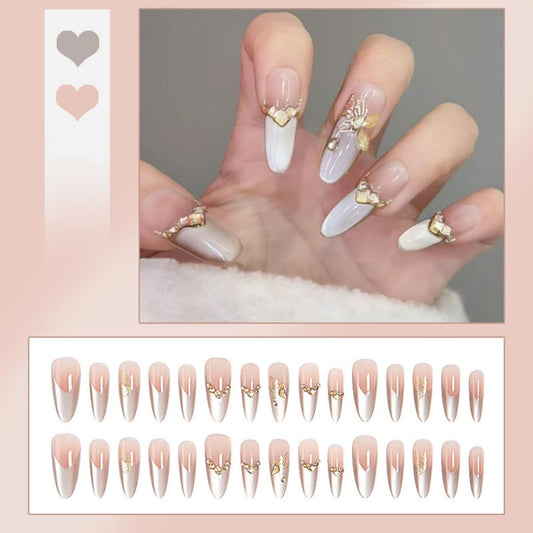 Silver French Tip Press on Nails Long Almond, Nude Fake Nails with Glue Gold Butterfly Diamond Rhinestones False Nails for Women DIY Manicure Decoration, 30PCS Reusable Artificial Nails
