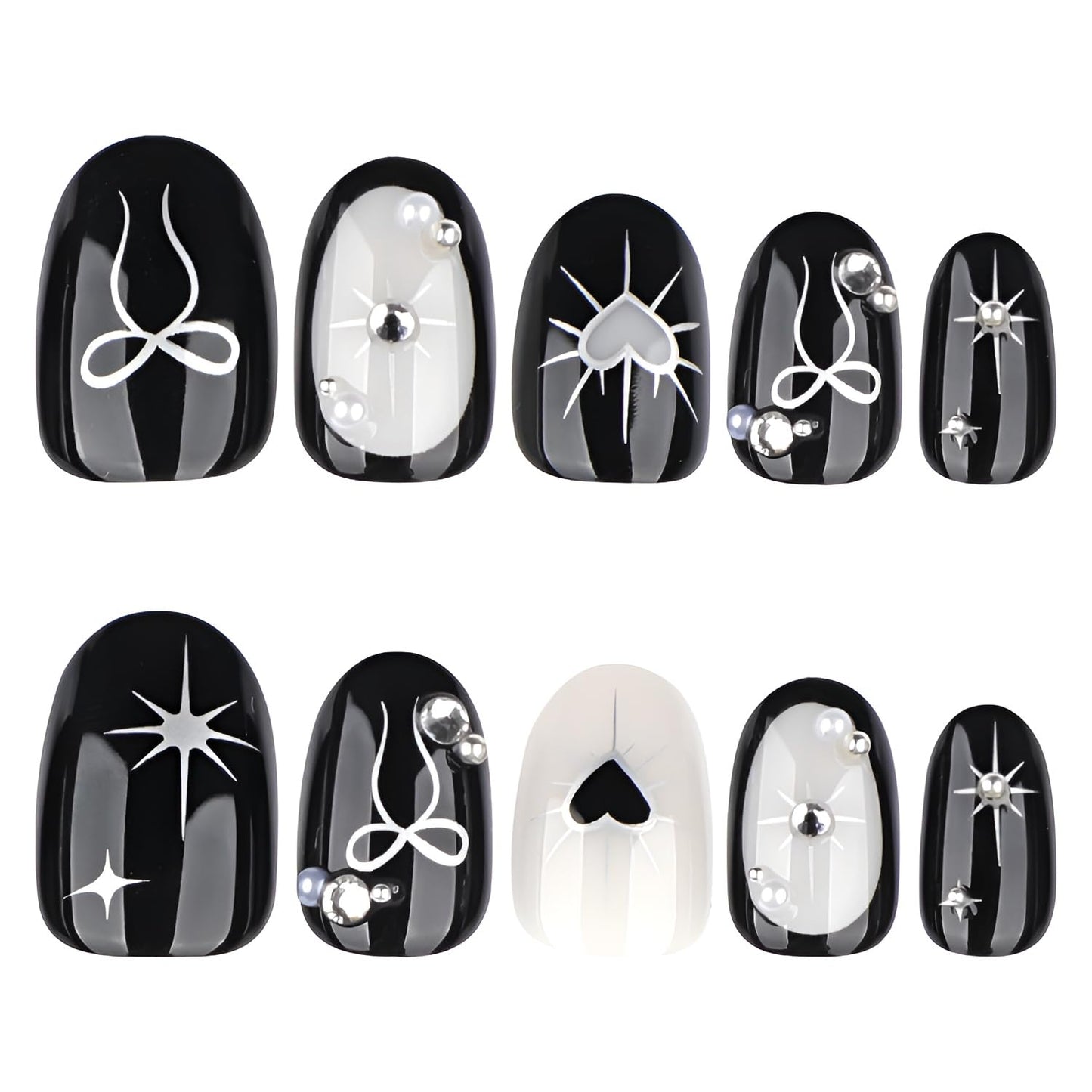 Black Press on Nails Short Almond Fake Nails Silver Bow Heart Nails Press Ons Star False Nails with Rhinestones Design Glossy Glue on Nail DIY Acrylic Stick on Nail for Women Decorations 24Pcs