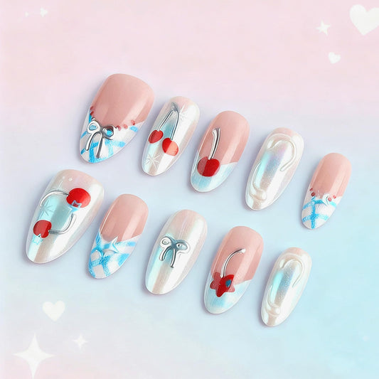 3D Bow Tie Press on Nails Cherry Gel Glue on Nail Red Stars Acrylic Fake Nail Glossy Blue Glitter French Tips Stick on Fingernails Valentines Almond Medium False Nails 30Pcs for Women Valentine's Gift