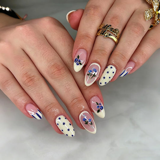 Medium Almond Press on Nails Yellow Fake Nails with Polka Dot & Blueberry & Blue Flower Design French Tip Nails Press ons Acrylic Full Cover Glossy Glue on Nails for Women Manicure 24Pcs