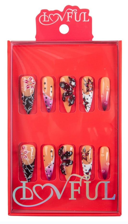 LOVFUL Press on Nails Handmade with Full Covered Crystals Reusable Fake Nails Stiletto Classic Regular 1.3 in Twilight Petals M
