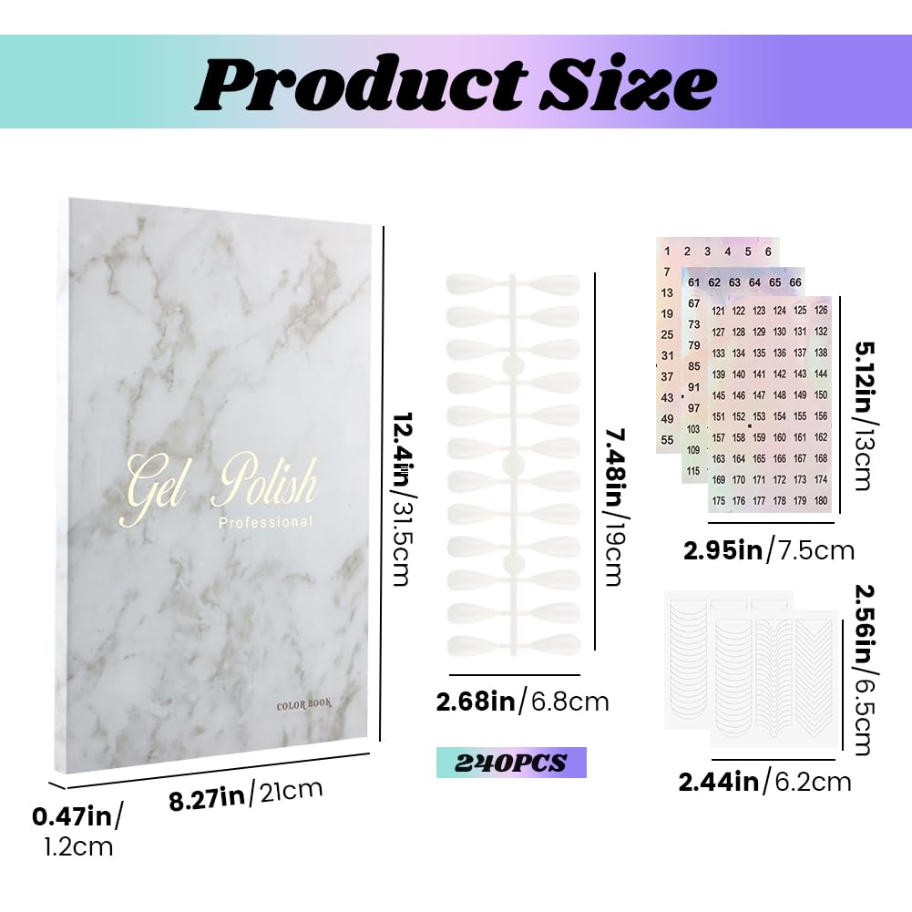 Yonderfume 160 Nail Color Book Nail Swatches Book with 240 NailTips and Number Sticker Labels, Professional Nails Color Swatches Plastic Nails Sample Display