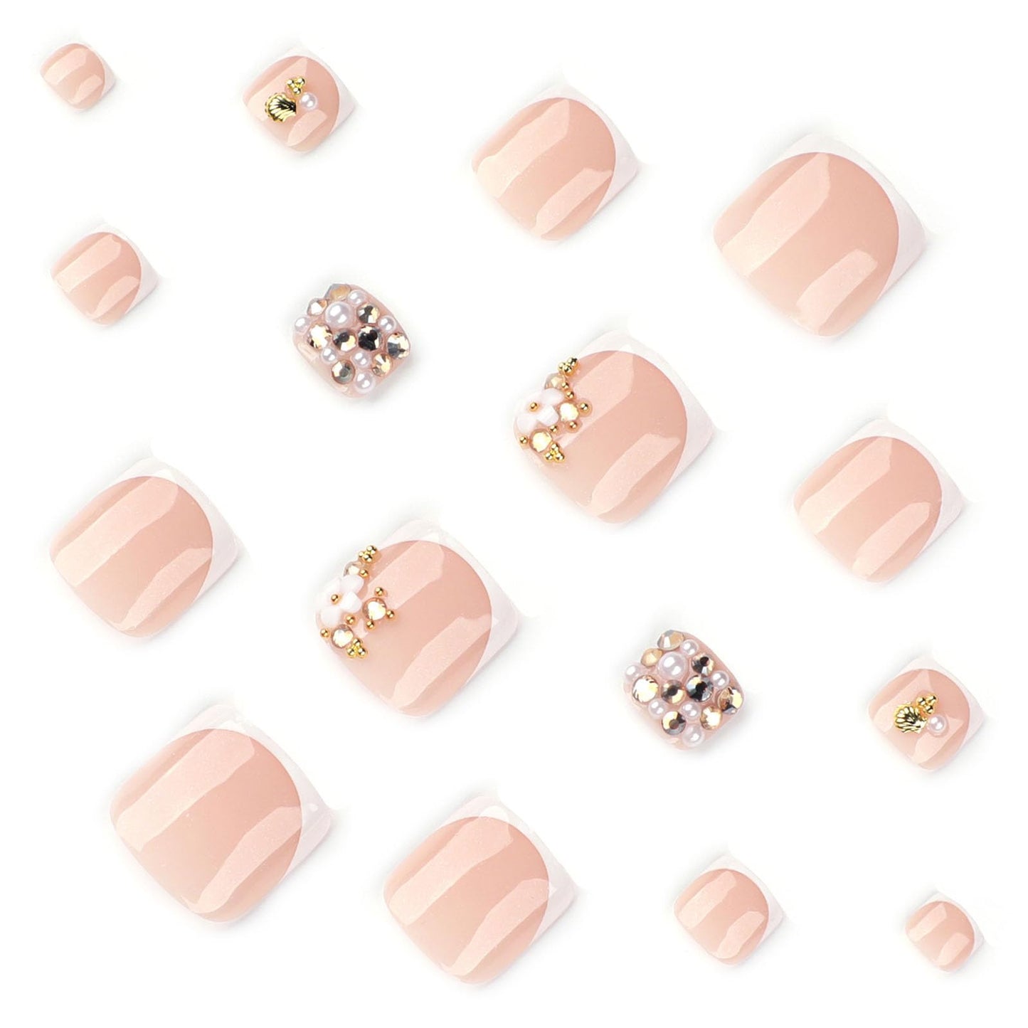 RUOKEXIN Short Press on Toenails White French Tip Fake Toenails with 3D Flower Rhinestones Designs Square Toe Nail Press ons Sparkly Artificial Nails for Women 24Pcs