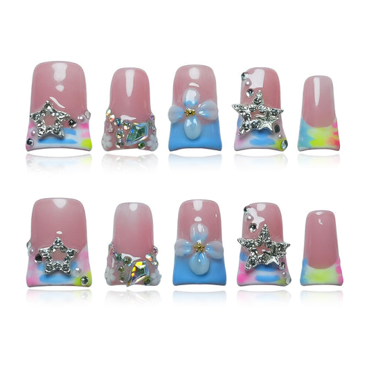 Tesytto Press on Nails Duck Shape 3D Floral Metallic Star Design Luxury Thick Acrylic Fake Nails Rhinestones Petal Flower French Tip Blue False Nails (Pastel Pink-Blue Stellar,M)