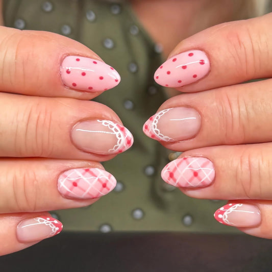 BABALAL Press On Nails, Short Almond Fake Nails, Pink Polka Dot & Plaid Lace Design, Glossy Kawaii Glue On Nails For Women And Girls Kids 24Pcs