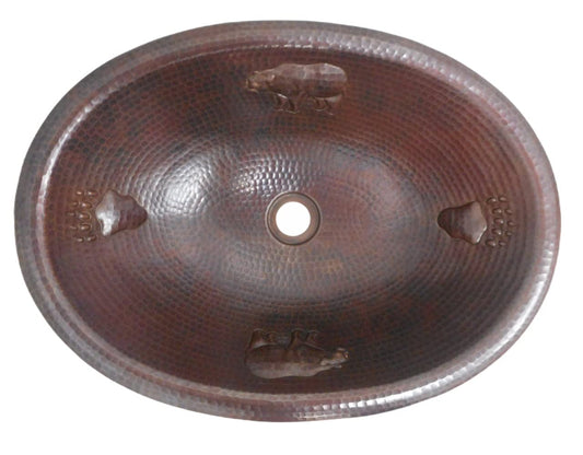 SimplyCopper 19" Rustic Log Cabin Style Oval Copper Bath Sink with BEAR & BEAR PAW Design