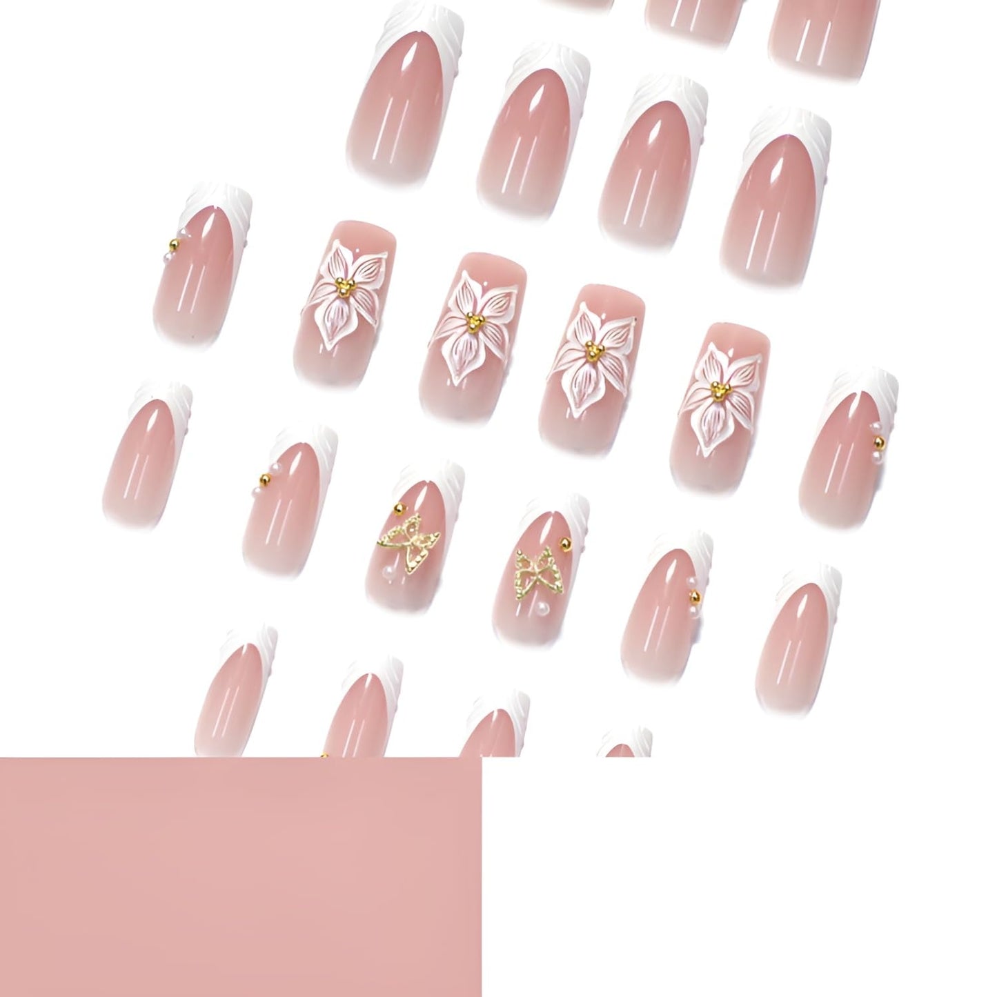 French Tip Fake Nails Medium Square Press on Nails Flower Glue on Nail Butterfly Glue on Nail with Rhinestones Design Glossy False Nails White Stick on Nail for Women Decorations Set 24Pcs