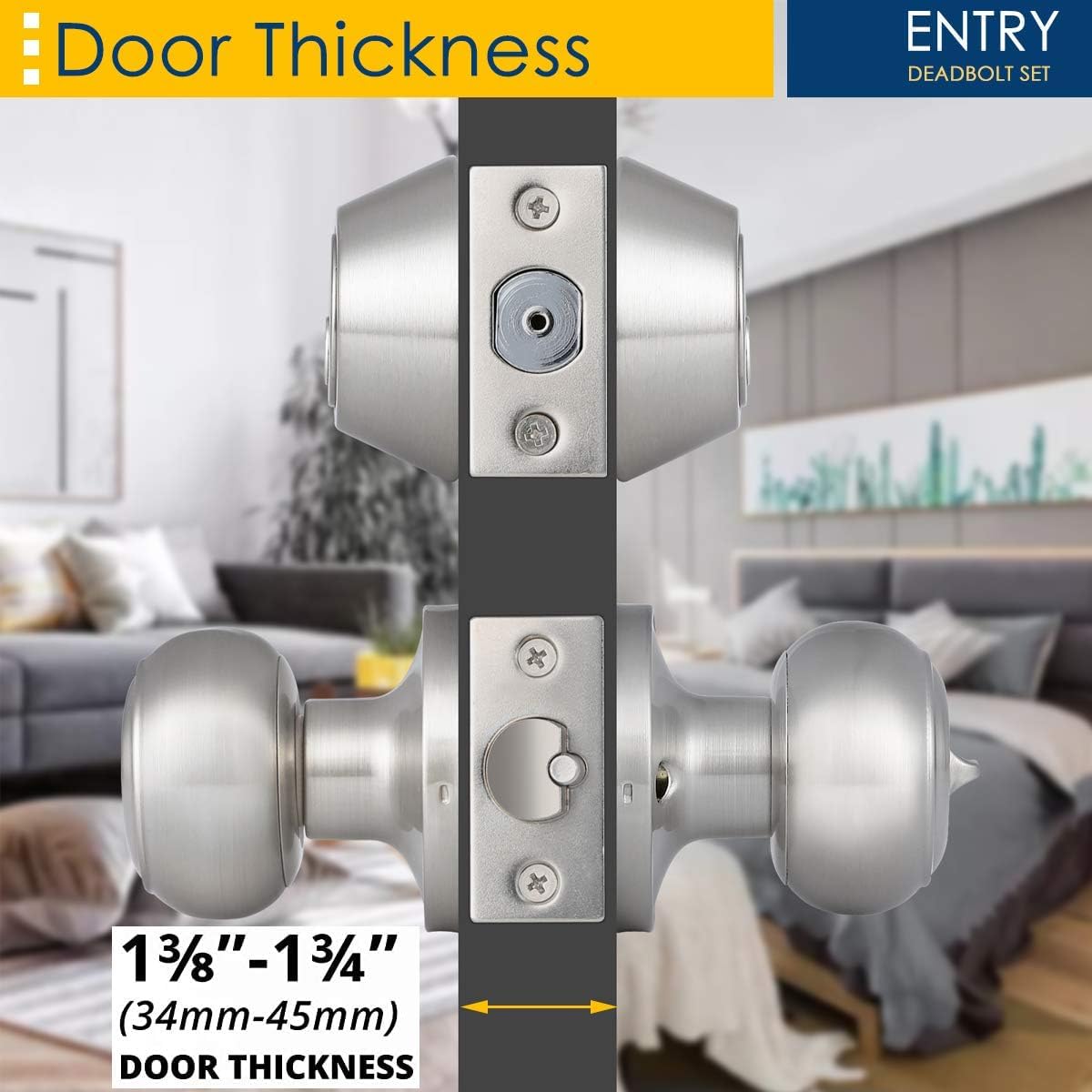 Brotima 3 Pack Keyed Alike Entry Door Knob and Deadbolt Set, Satin Nickel Double Cylinder Deadbolt Lock Set, Round Style Door Knobs Deadbolt for Exterior/Front Door