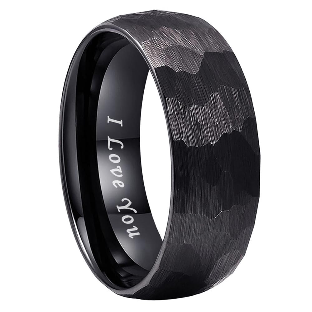 TUTISS 8mm Black Hammered Tungsten Carbide Rings for Men Women Engagement Wedding Bands Domed I Love You Engraved Comfort Fit Size 9