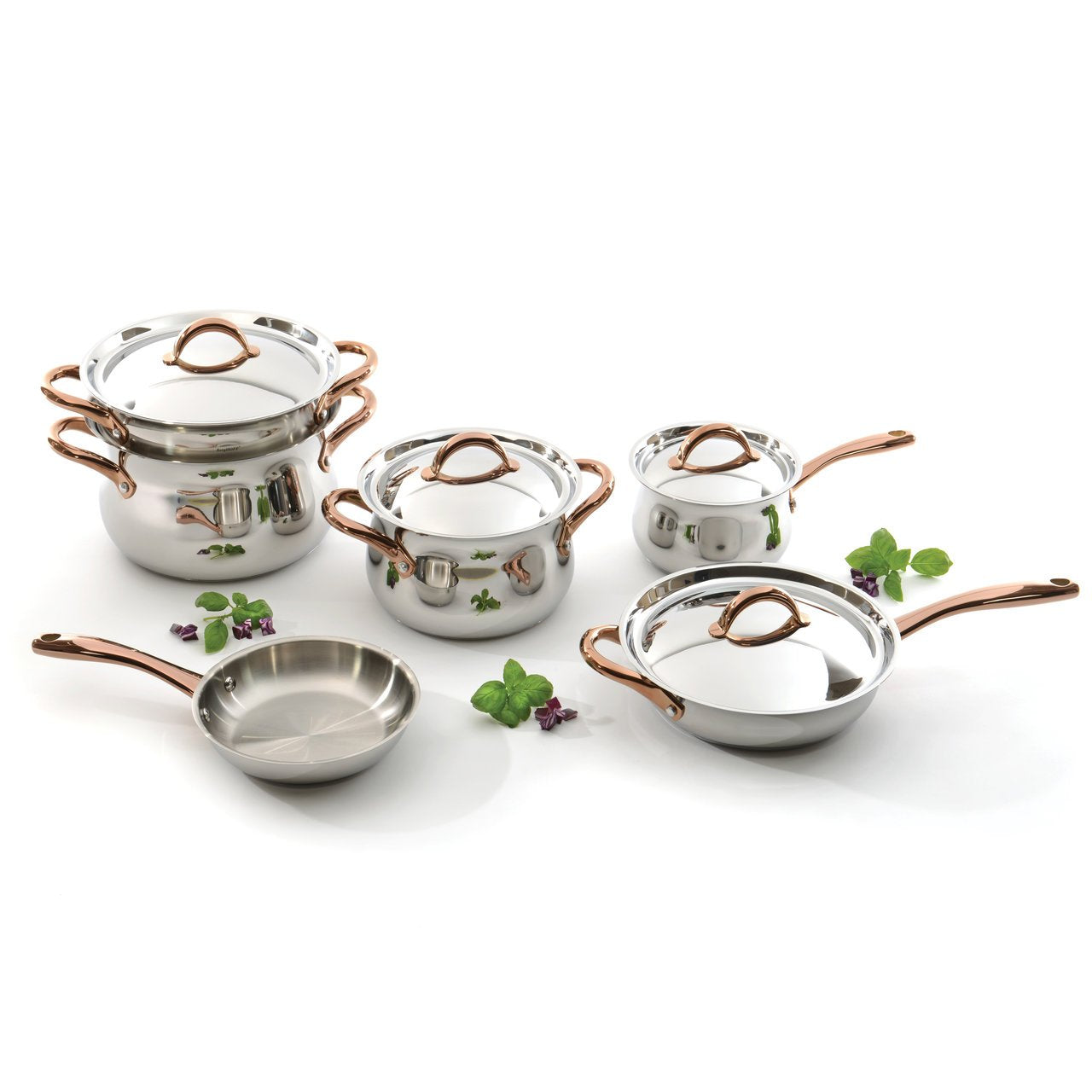 BergHOFF 11 Piece Ouro Cookware Set with Gold Handles, Silver/Rose, Large