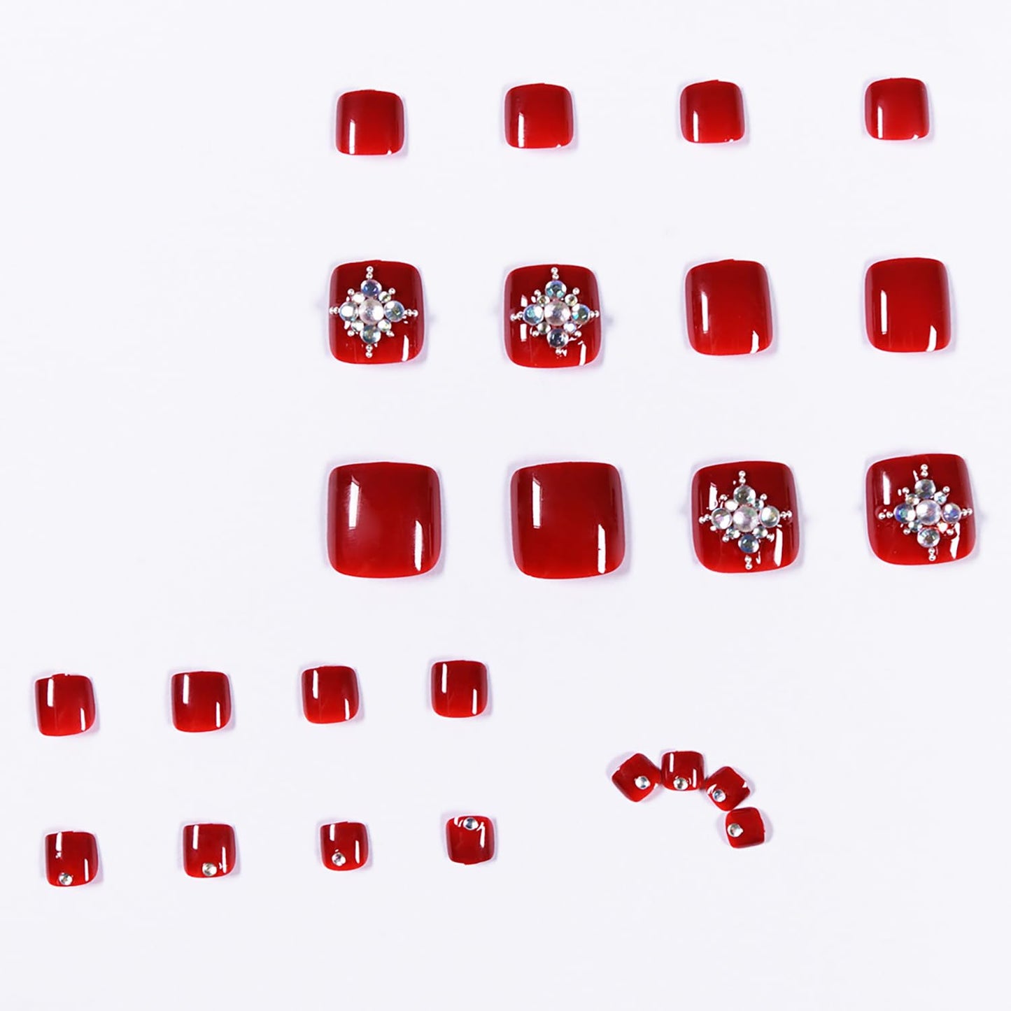 Red Artificial Acrylic Fake Nails for Toe, Press on Toenails Coffin with Rhinestone Designs, Full Cover Reusable False Toenails with Glue, Glue on Toe nails with Charm for Women Girls（JP1057）