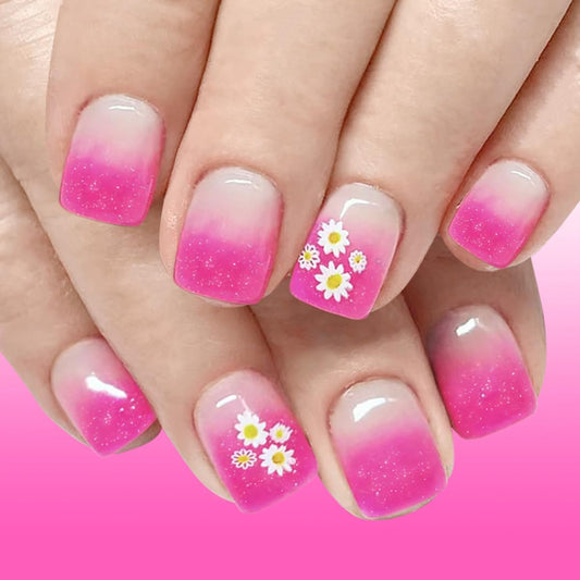 24Pcs Pink Ombre Press on Nails Short Square Spring Flower Fake Nails with Small Daisies Designs Nude Nails Press ons Glossy Full Cover Glue on Nails Reusable Stick on Nails for Women Manicure