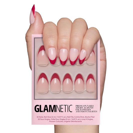 Glamnetic Press On Nails - Rose Garden | Semi-Transparent Red French Tip Short Almond Fake Nails in a Glossy Finish, Salon Quality | 15 Sizes - 30 Nail Kit