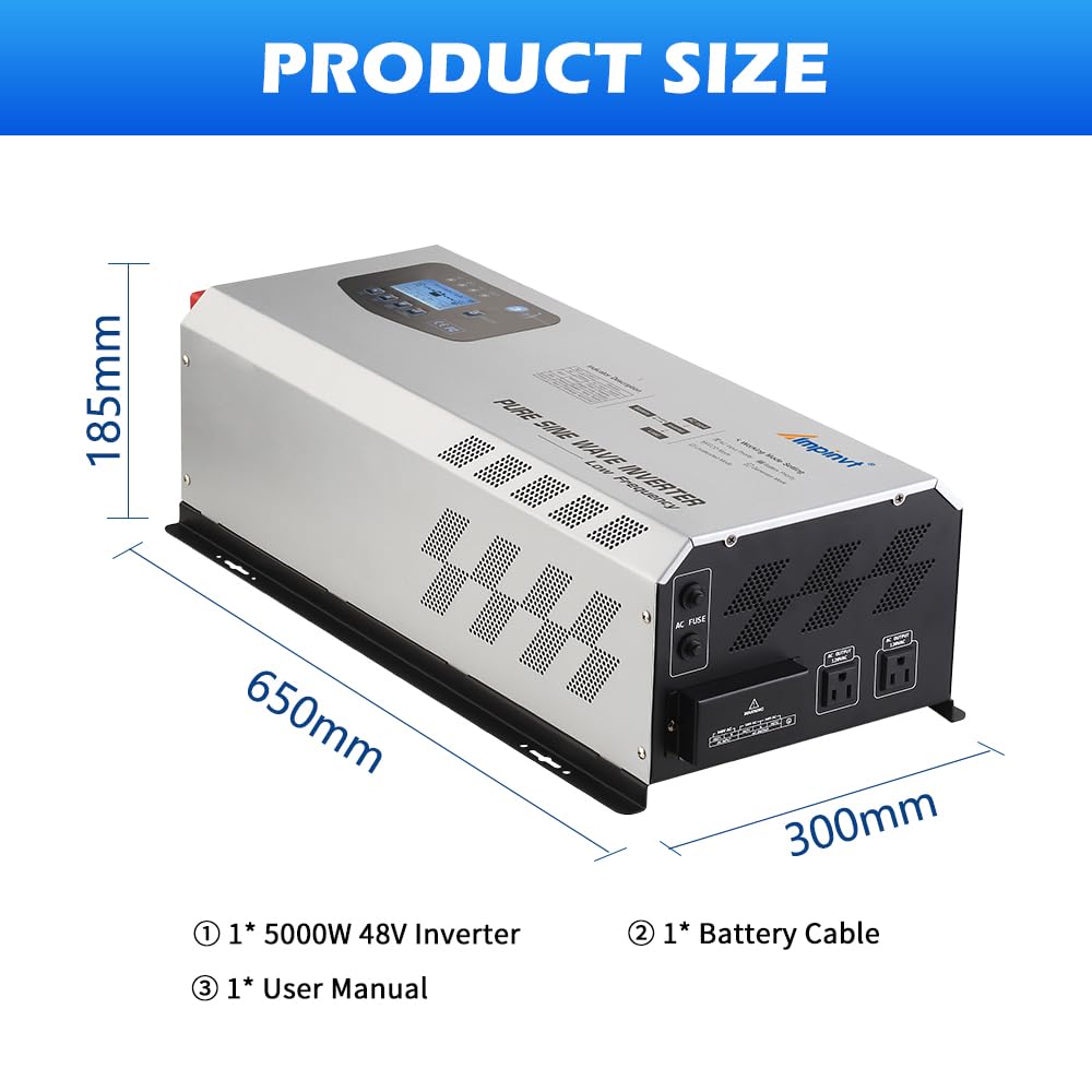 AMPINVT Off Grid Inverter Charger 5000W Peak 15000W DC 48V to 120V/240V AC Split Phase Output, with Battery AC Charger, Low Frequency Pure Sine Wave Inverter for Solar Home