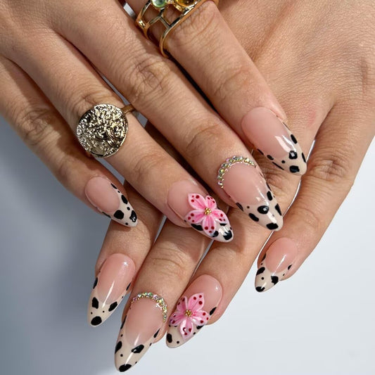 MAGLFELL Press On Nails Handmade Almond Fake Nails, Painting French 3D Leopard Print and Floral Design, Reusable Artificial False Nails for Women 15 Sizes - 30Pcs Stick On Nails Kit