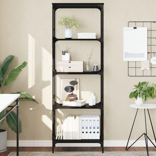 HETFTJN 5-Tier Black Engineered Wood and Metal Bookcase - 23.2"x13.8"x67.3" Storage Shelving Unit for Living Room, Office, and Bedroom with Adjustable Feet and Industrial Metal Frame