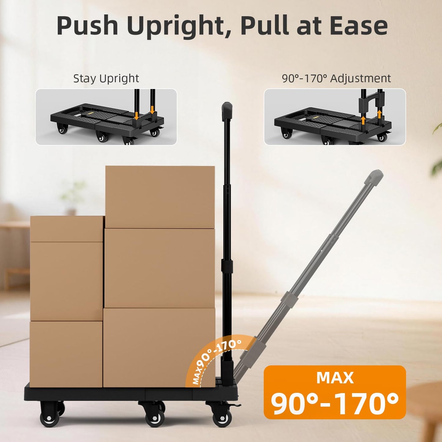 TROOZY No Assembly Folding Hand Truck 440lbs, Dolly Cart with Wheels & Upright Lock, Extendable Heavy Duty Foldable Dolly for Luggage, Travel, Office & Dorm, Carrito de Carga