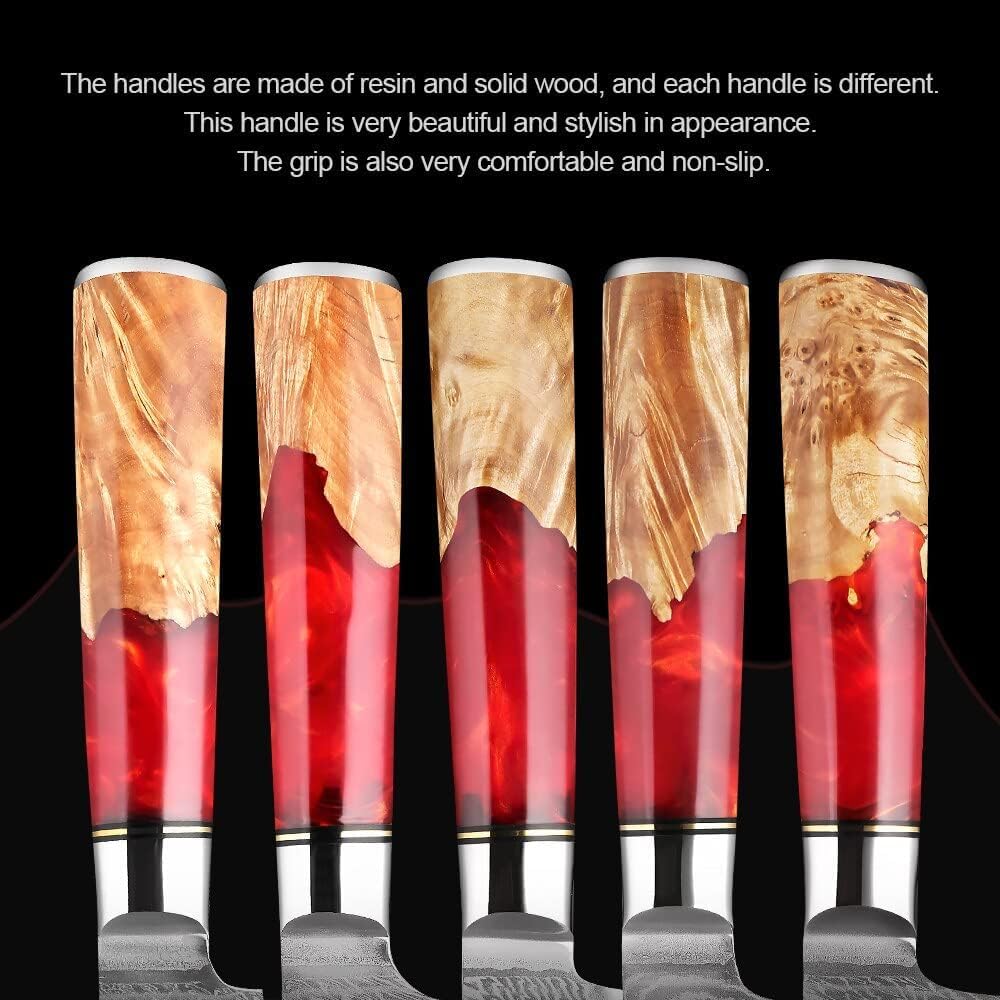 Epicurean Cook Damascus Kitchen Knife Set with VG10 Steel - 8-Piece Japanese Damascus Knife Set for Professional Performance - Ultra Sharp Chef Knives with Burl Wood Red Resin Handles
