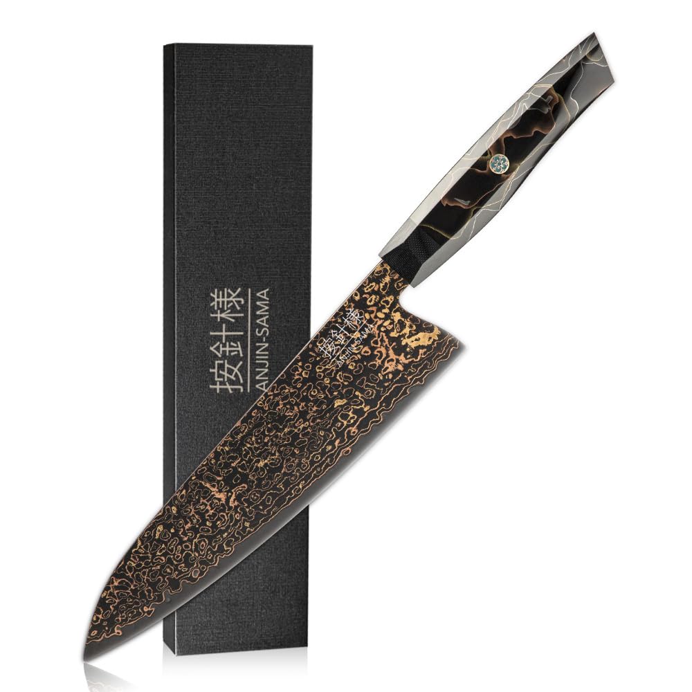ANJIN-SAMA 8" Gyuto – Handmade Japanese CuMai Copper Damascus Chef Knife – Ultra Sharp Kitchen Chopping Knife.