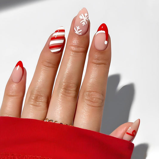 Christmas Press on Nails Medium Almond Red French Tip Fake Nails False Nails with Cute Christmas Hat & Snowflake Bow Designs Glossy Glue on Nails for Women Girls 24 Pcs