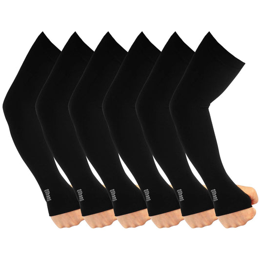 QUhang 6 Pairs Arm Compression Sleeves for Women Men Outdoor UPF50 UV Protection Sun Sleeves Cooling Tattoo Black Sleeve with Thumb Hole