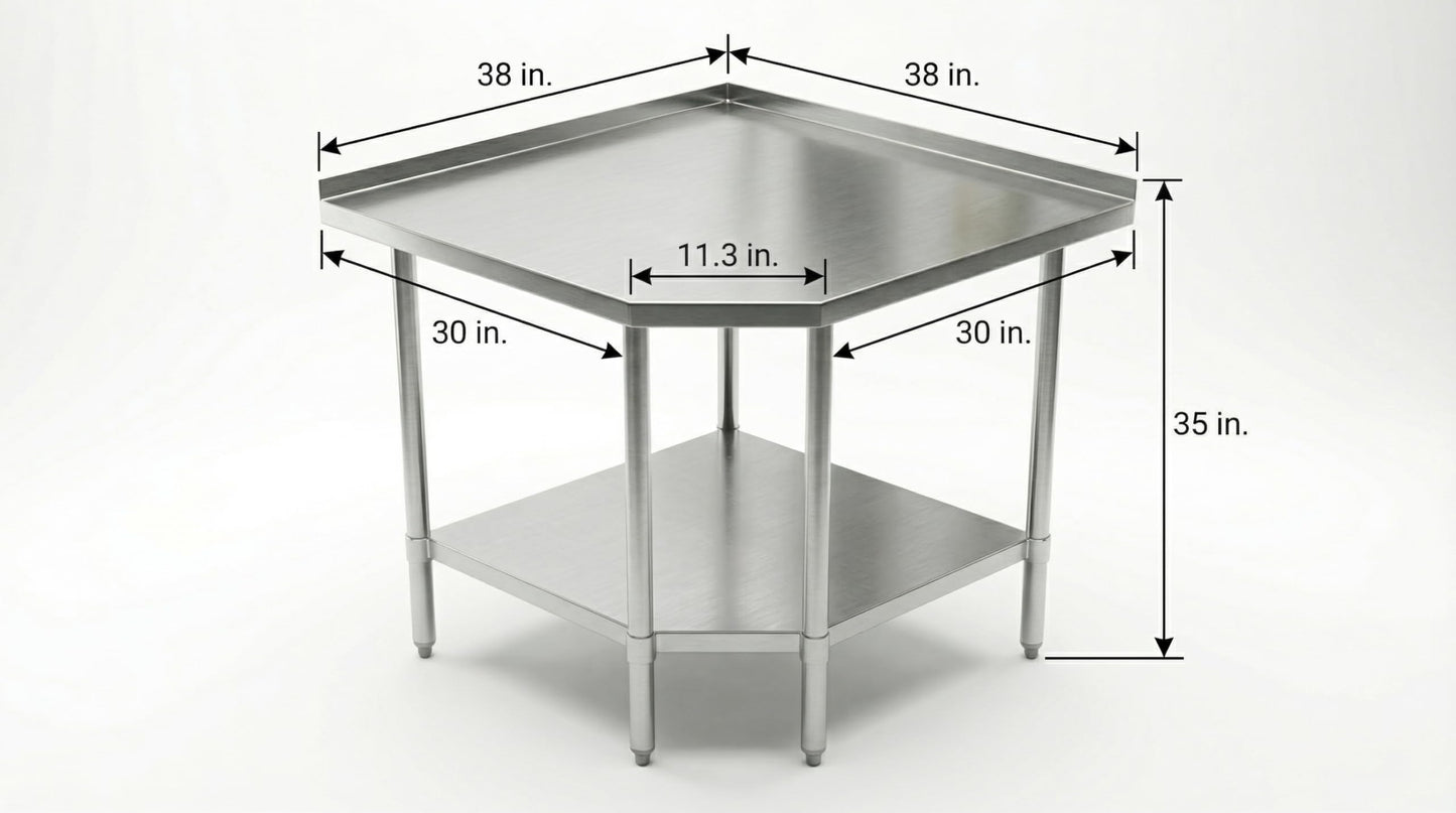 Stainless Steel Corner Work Table 30 in. x 30 in. x 35 in. with 1.5in. Backsplash, Galvanized Undershelf, 5 Leg Support, Commercial Prep Table for Restaurant Kitchen Utility