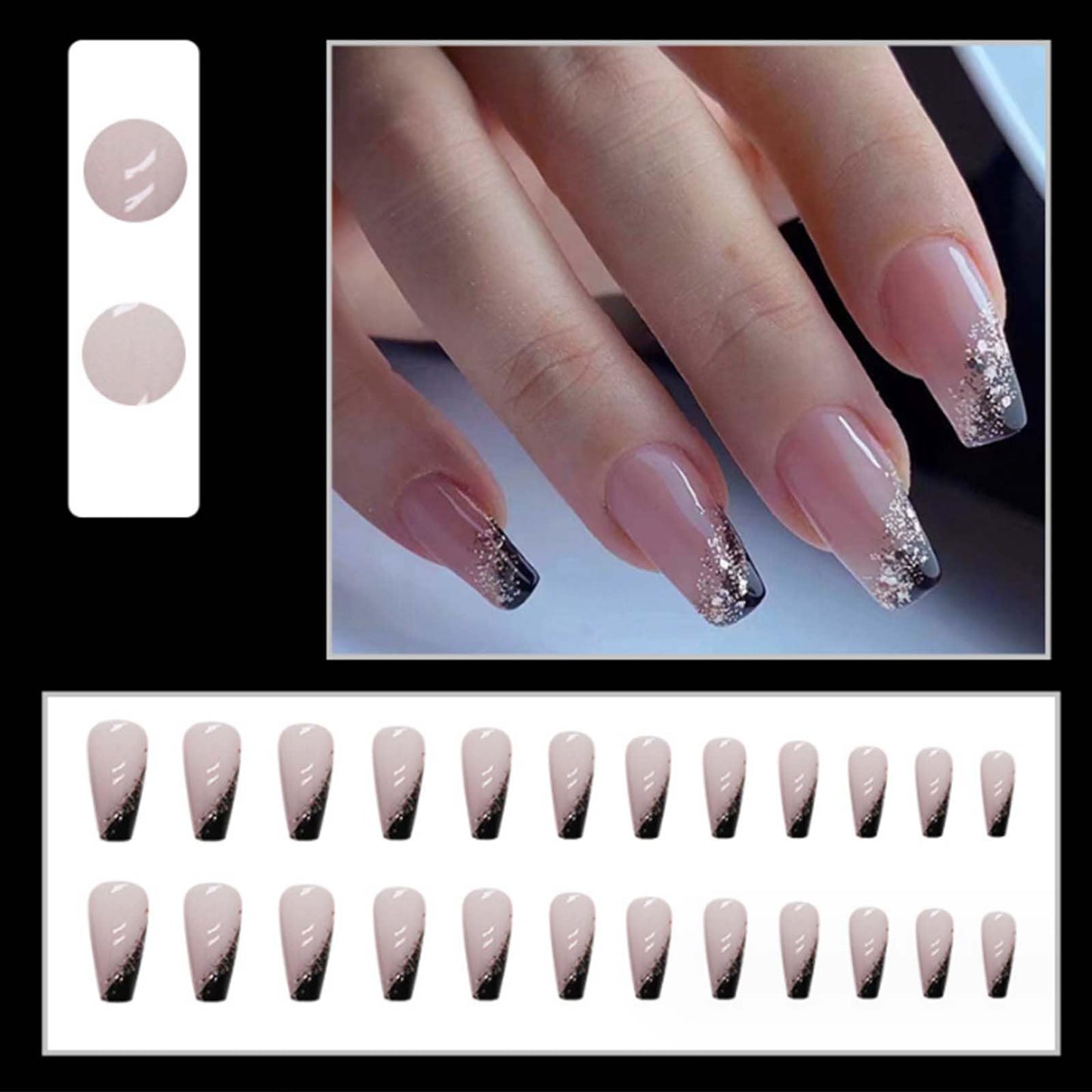 YoYoee Medium Coffin Press on Nails French Cute False Nails Acrylic Bling Fake Nails Reusable Nails Tips for Women and Girls 24PCS