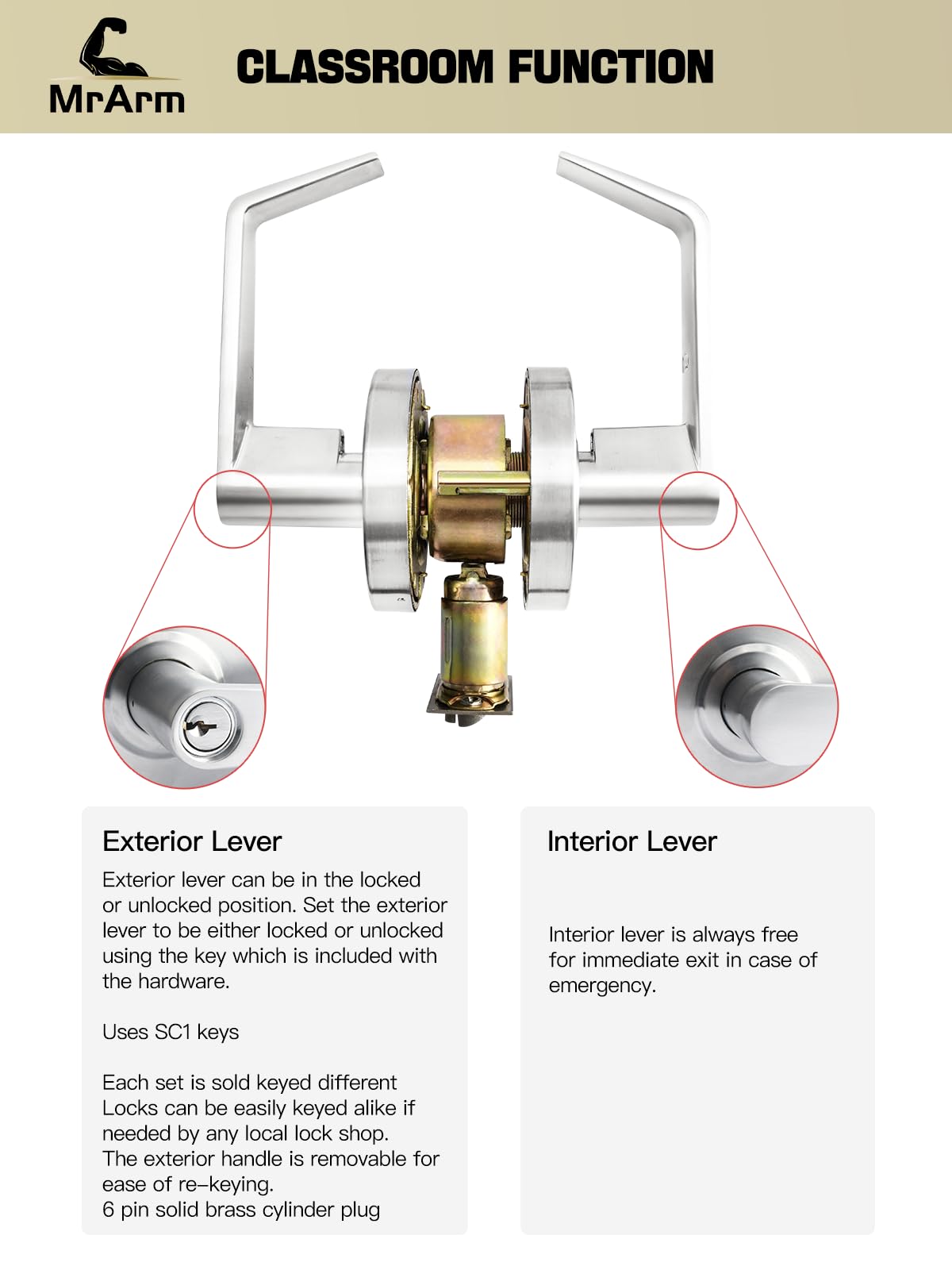 MrArm Commercial Door Lever Lock, Heavy-Duty Locking Door Handle, Designer Door Handles, Cylindrical Lever Lock, Non-Handed Grade 2 Industrial Standard Door Handle, Satin Chrome(Classroom)