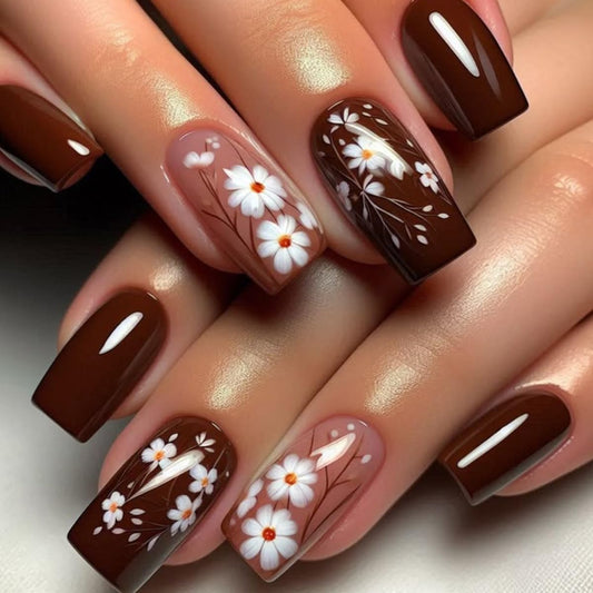 Fall Press on Nails Square - Medium Fake Nails with Flower Design - Brown False Nails Press ons - for Women 24 Pcs