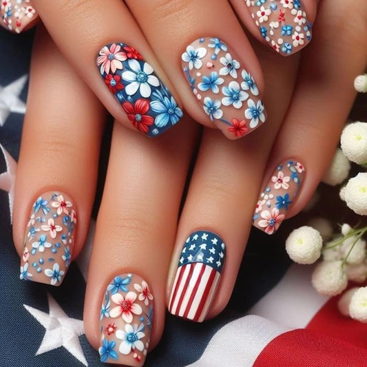 Flower Press on Nails Medium Square Cute Colorful 3D Flowers Fake Nails with America Flag Design False Nails Colorful Floral Full Cover Scrub Spring Summer Acrylic Nails for Women DIY Manicure 24 Pcs