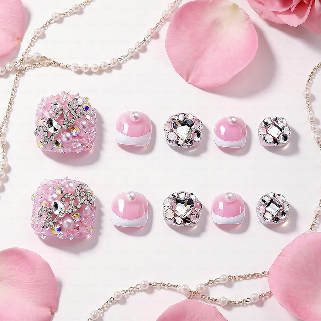 IntoVibes 10 Pieces Handmade Luxury Press On Toenails With Bling Rhinestones And 2026 3D Decoration, Full Cover, Press On Nails Stick On Toe Nails For Women Manicure, Acrylic Fake Toe Nails(L)