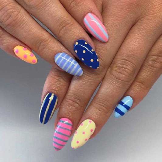 24 Pcs Summer Press on Nails Medium Almond WLGDLH Fake Nails, Multicolor False Nails Press ons with Striped Polka Dots Design, Cute Glue on Nails Full Cover Stick on Nails for Women Manicure