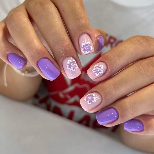Square Press On Nails Short Fake Nails Leaf With Gradient Design Purple False Nails Spring Summer Acrylic Glue On Nail Full Cover Cute Press Ons Stick On Nail For Women Manicure Art 24pcs