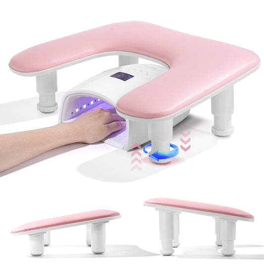 Big Arm Rest for Nails Tech: 2nd Generation U-Shaped Manicure Nail Arm Rest Stand Height Adjustable Armrest Microfiber PU Leather Hand Rest Pillow for Acrylic Nails (Pink)