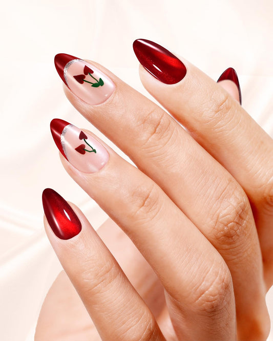 Buleens Valentine’s French Tip Short Almond Press on Nails for Date-Red Cherry Cat Eye Handmade Fake Nail for Women, Stylish outfits Gifts for Girls,15 Sizes, 30 Kits with Glue
