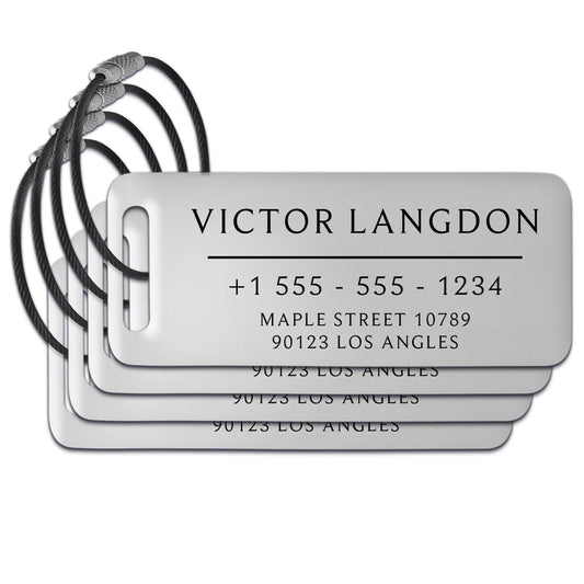 Personalized Luggage Tags for Suitcases 4 Pack - Stainless Steel Custom Luggage Tags for Backpacks & Bags, Sturdy, Waterproof & Heavy Duty (Silver / 3" x 1.25")