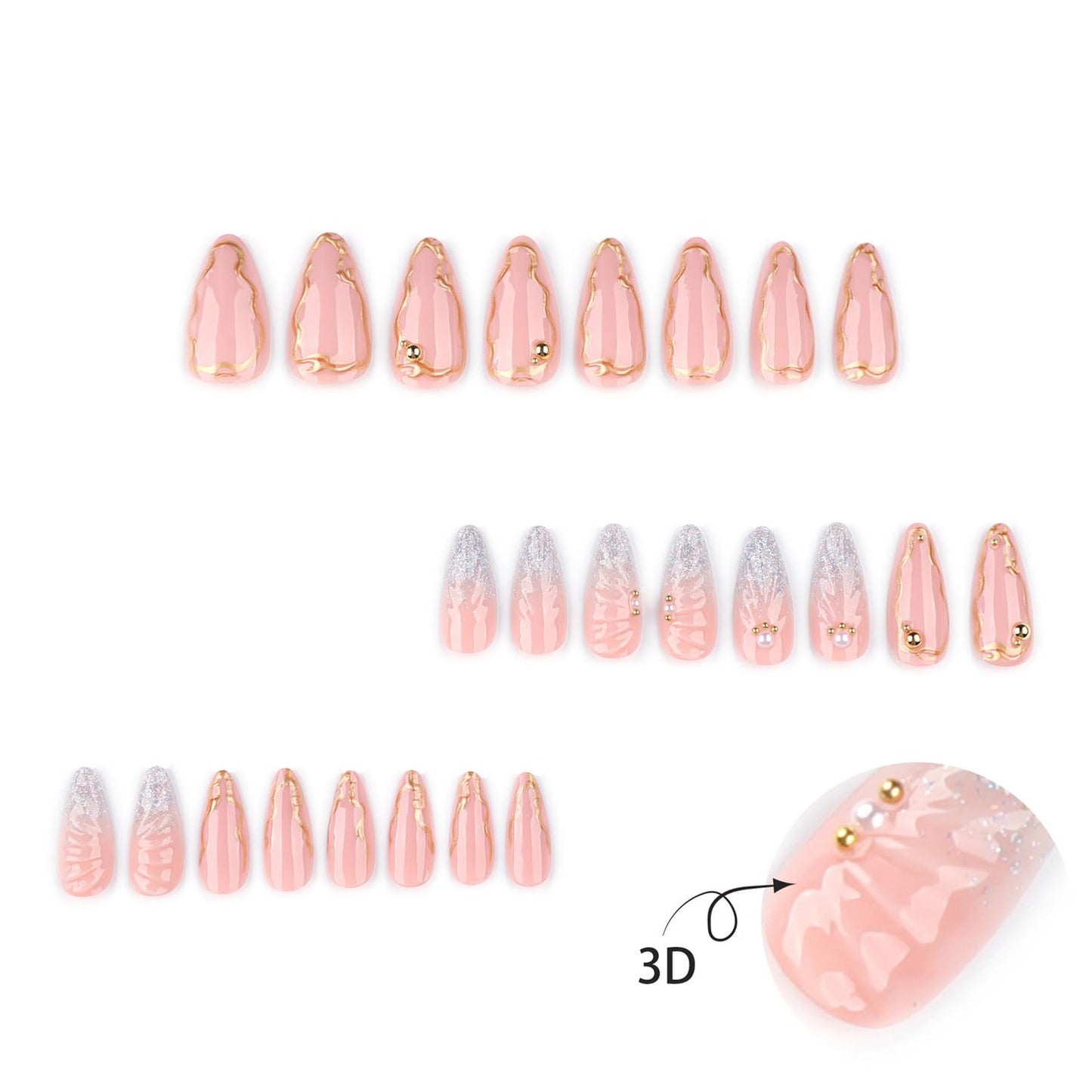 24pcs French Tip Press on Nails Medium Almond Fake Nails Pearl Full Cover Silver Glitter Design Gold French Ripple Line False Nails Acrylic Nail Cute Finger Manicure Decor Artificial Nails for Women