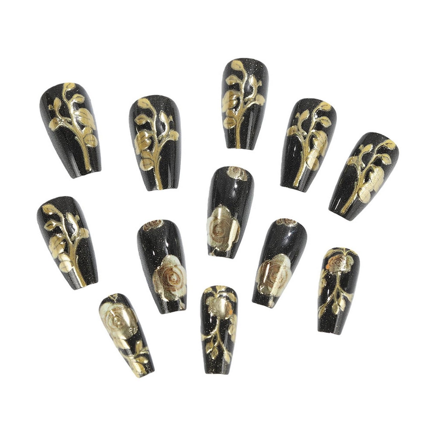 24pcs Press on Nail Long Coffin Fake Nails Black with Gold Floral designs 3D False Nails Full Cover Luxury Press ones Glossy Reusable Acrylic Glue on Nails for Women Art Manicure
