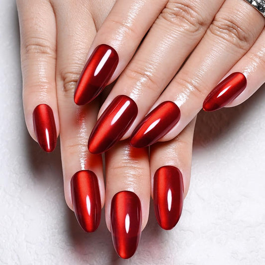 XZMeiLun Cat Eye Red Press On Nails Almond Medium Length, Magnetic Acrylic Fake Nails Stylish Design, Salon-Quality Shiny Finish, Reusable Stick On Nails Kit for Women, Daily Wear (No Glue Included)